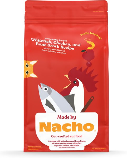 Made by Nacho Sustainably Caught Whitefish， Chicken and Bone Broth Recipe with Freeze-Dried Pork Livers Dry Cat Food