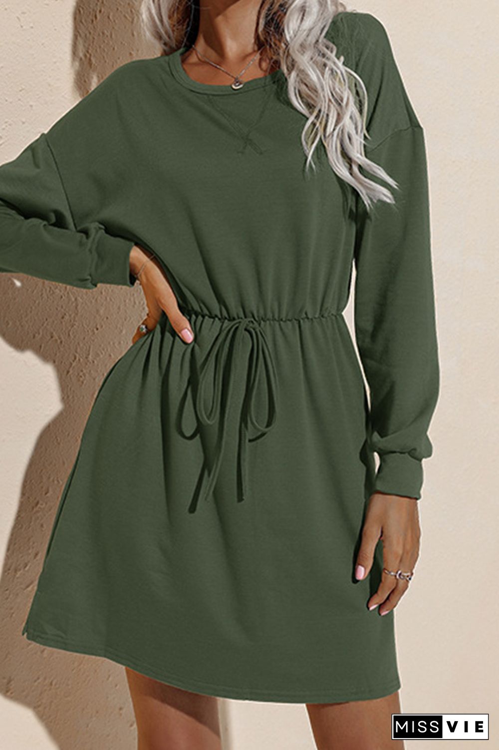 Solid Drawstring O-neck Long Sleeve Dress Women Wholesale