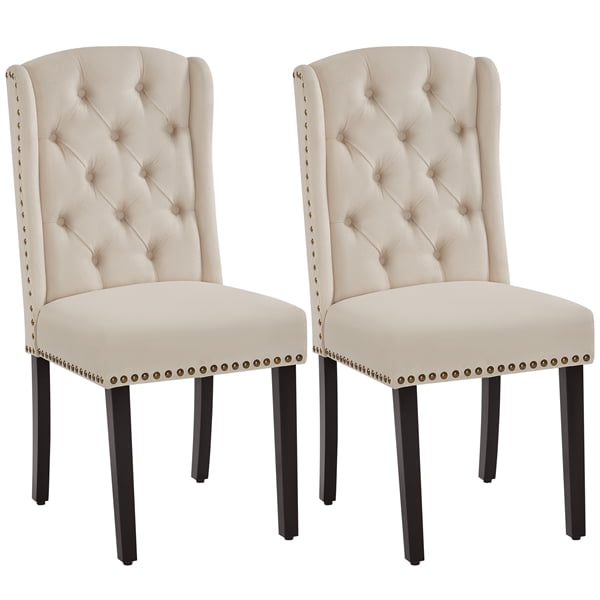 Topeakmart Set of 2 Upholstered Tufted Dining Chairs with Wood Legs for Dining Room， Beige