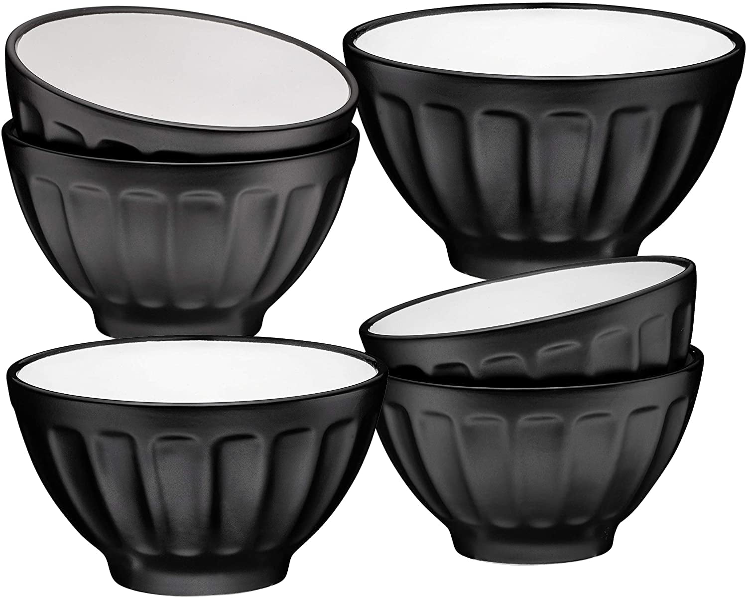 Bruntmor - Ceramic Groove Bowls - Cereal 14oz. Set of 6， Matte Black