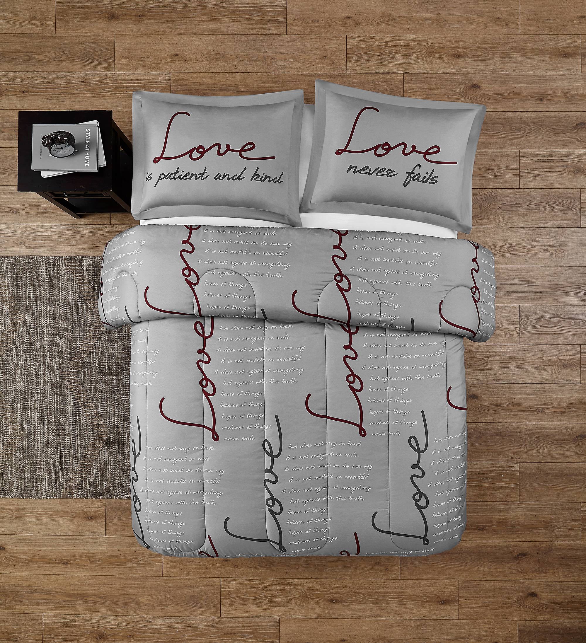 Beco Love Never Fails Grey and Red 3 Piece Comforter Set Full/Queen