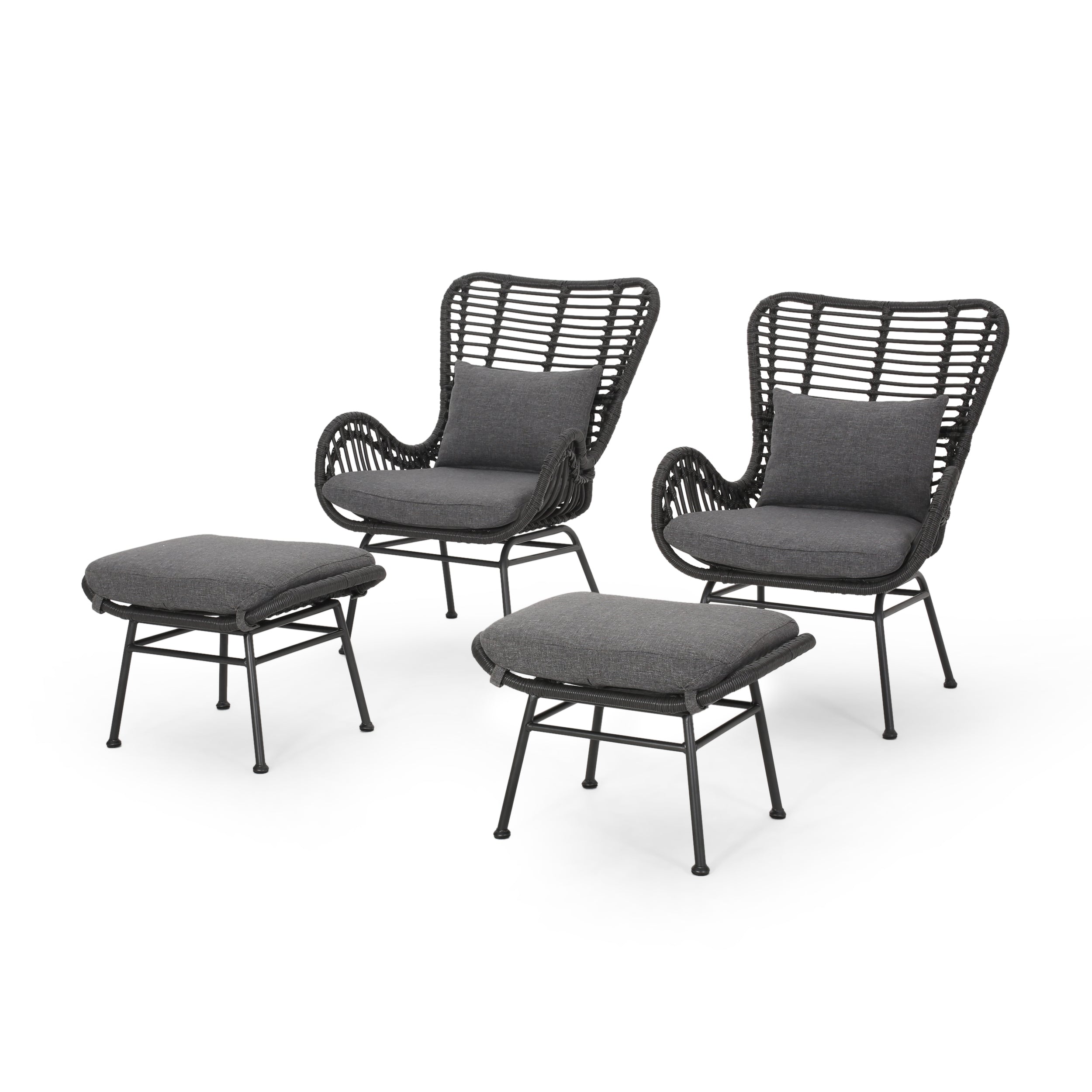 Izidro Indoor Boho Modern Wicker 4 Piece Club Chair and Ottoman Set