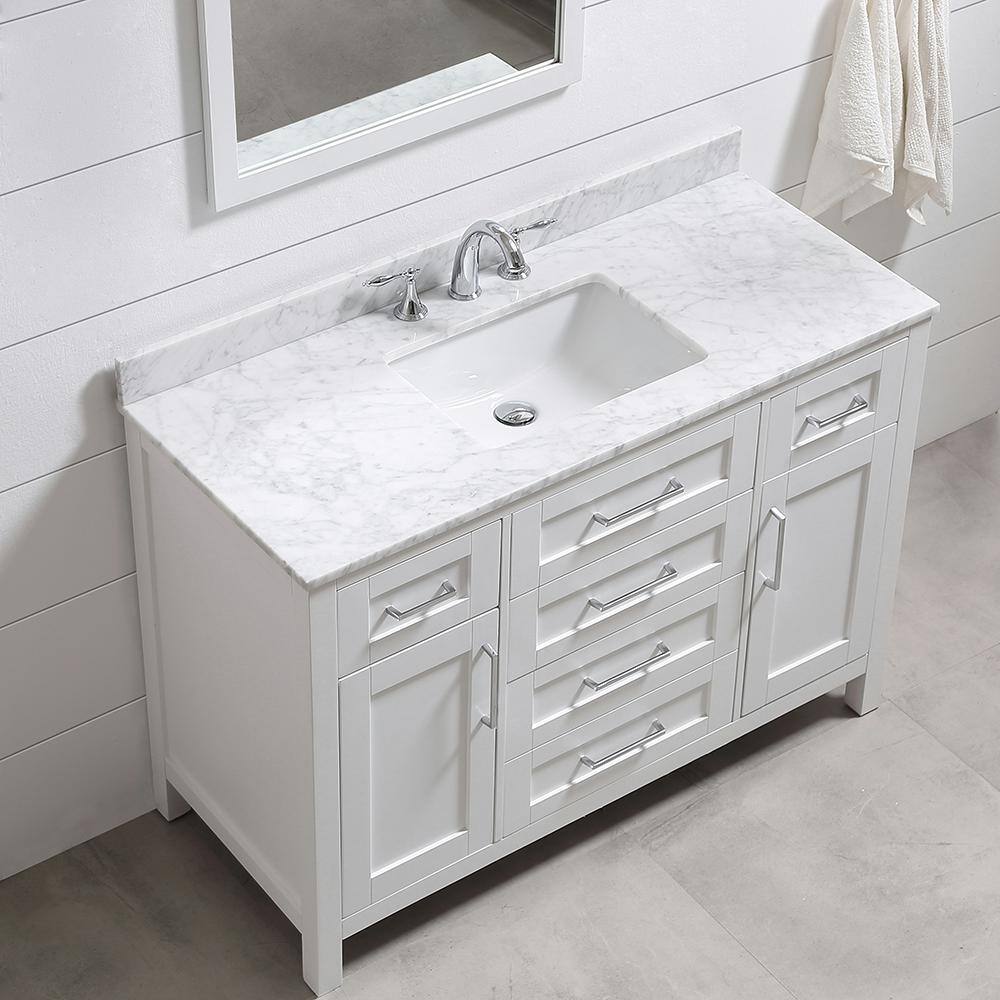 Home Decorators Collection Riverdale 48 in. W x 21 in. D Vanity in White with a Carrara Marble Vanity Top in White with White Sink Riverdale 48W