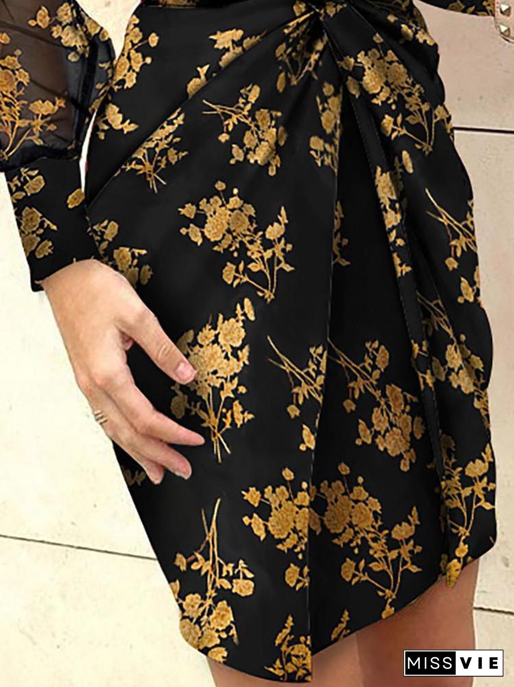 Deep V-Neck Printed Long Sleeve Mini Dress