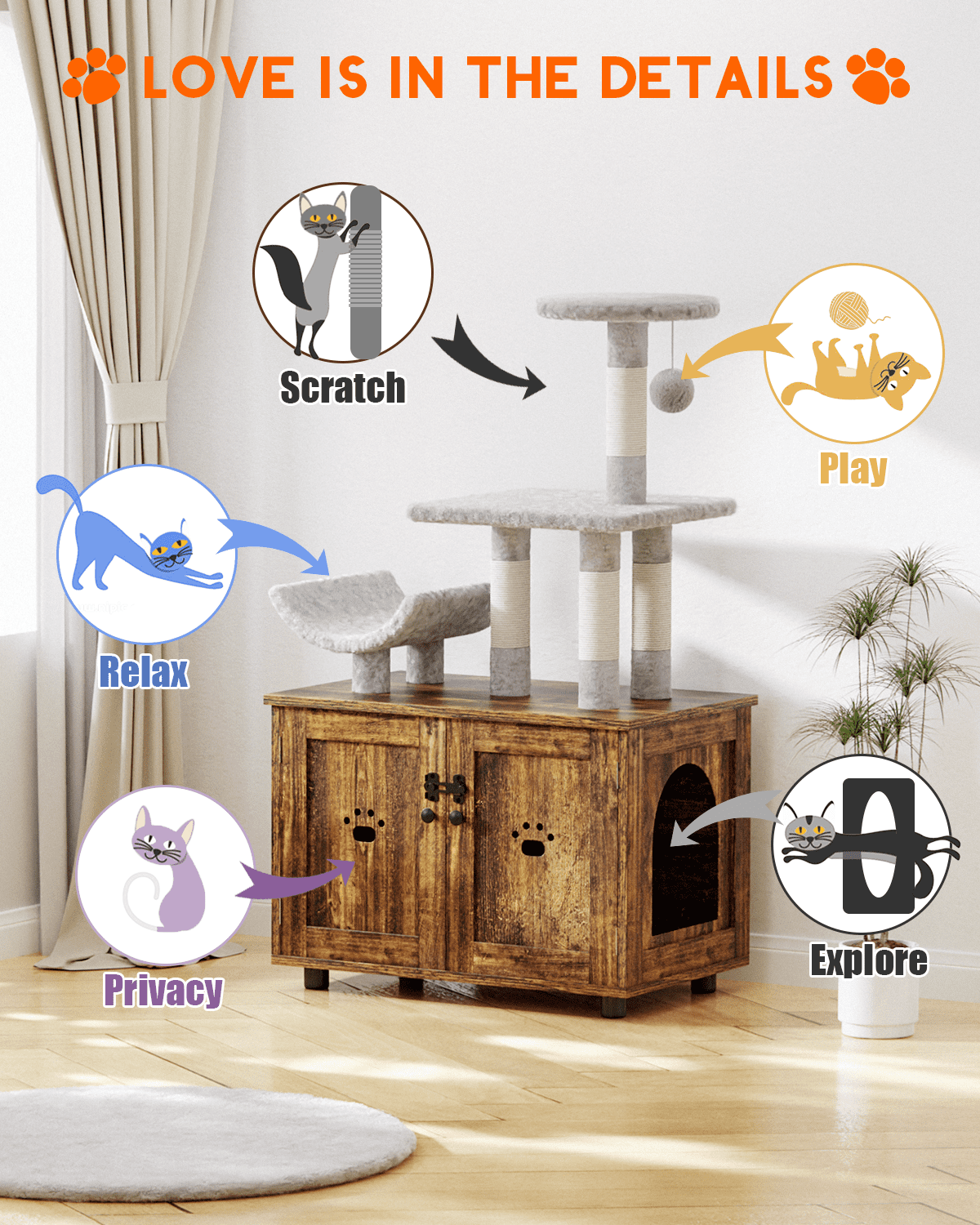 Lulive Cat Tree with Cat Litter Box Enclosure, All-in-one Cat House with Platform Scratching Post Condo, Brown