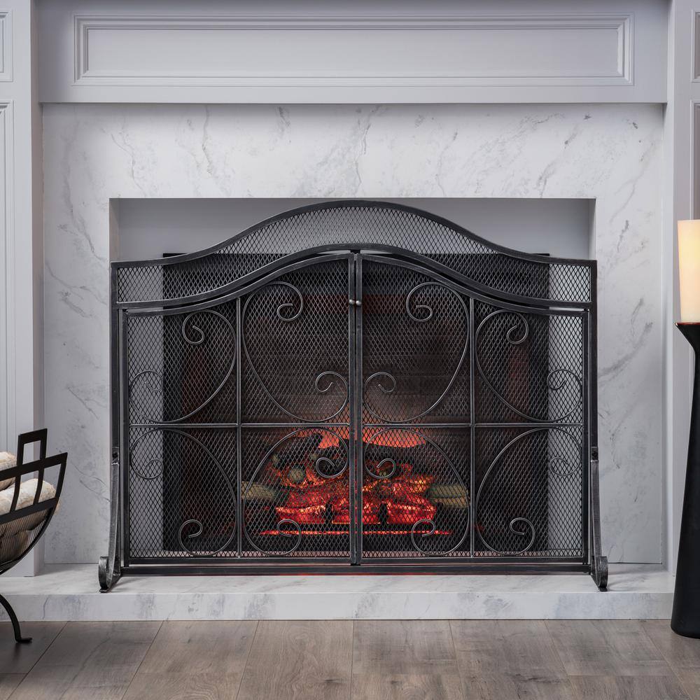 Noble House Pendleton Modern Black and Silver Three Panel Iron Fire Screen with Door 67406