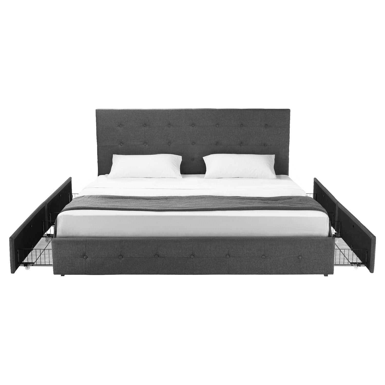 Upholstered Bed Frame with 4 Drawers Storage and Headboard with Wood Slat Support, No Box Spring Needed