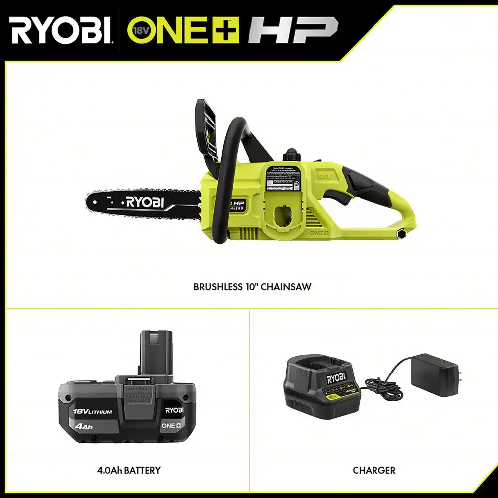 RYOBI P2520 ONE+ HP 18V Brushless 10 in. Cordless Battery Chainsaw， Battery and Charger