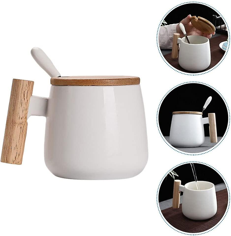 Ceramic Coffee Mug With Handle Lid And Spoon Coffee Cup With Wood Lid White Ceramic Mugs For Coffee Tea Or Milk