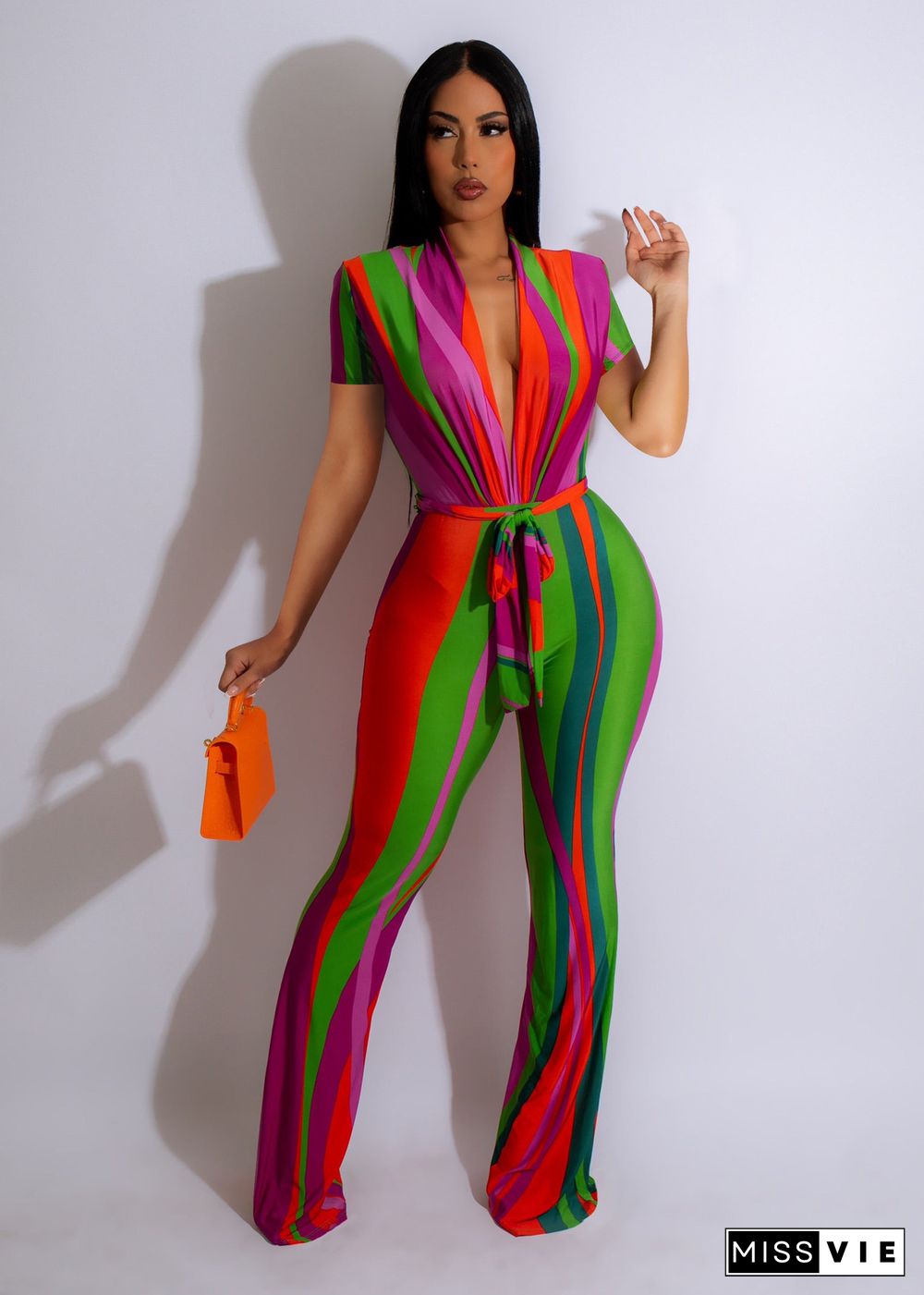 Stripe Print Deep V Neck Lace Up One Piece Jumpsuit