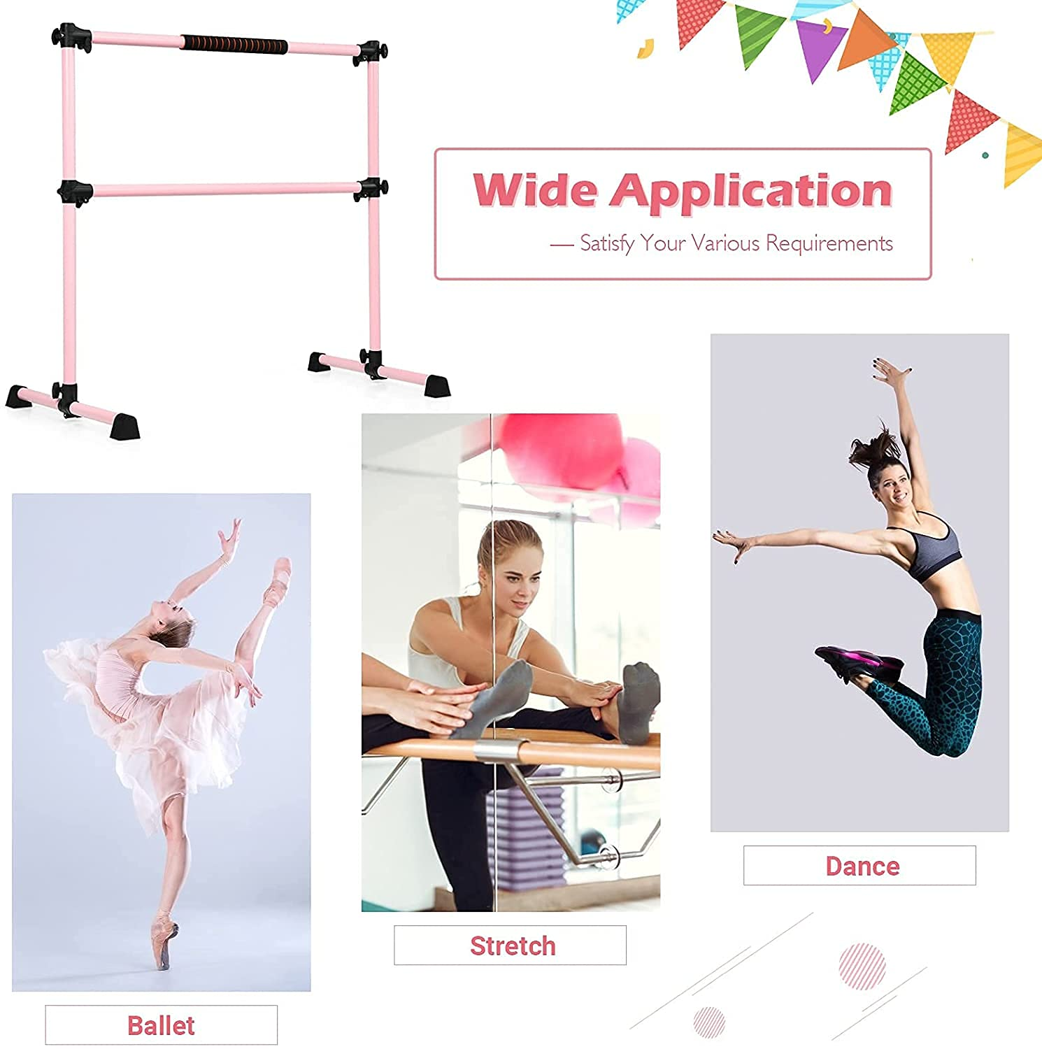 Costzon Ballet Bar, 4ft Freestanding Double Ballerina Bar with Adjustable Height, Heavy Duty Dancing Bar w/Foam Pads