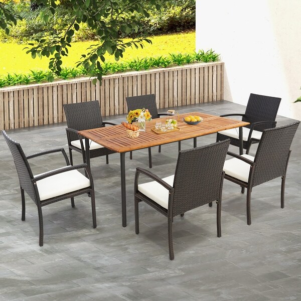 Costway Patio Rectangular Acacia Wood Dining Table with 1.9''Umbrella