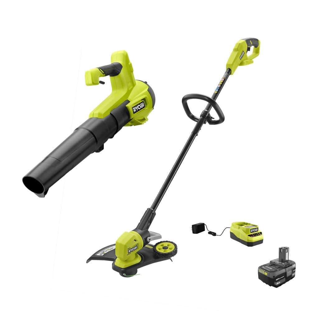 RYOBI ONE+ 18V Cordless 13 in. String Trimmer/Edger and Blower with 4.0 Ah Battery and Charger P2039