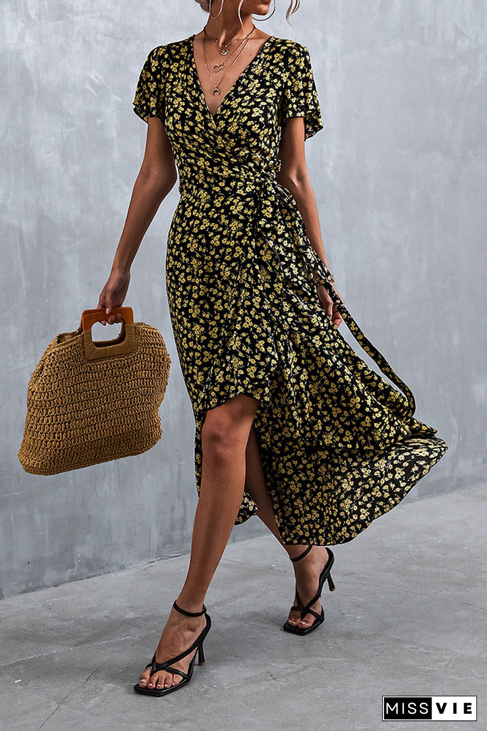 Floral Print V Neck Short Sleeve Dress Wholesale