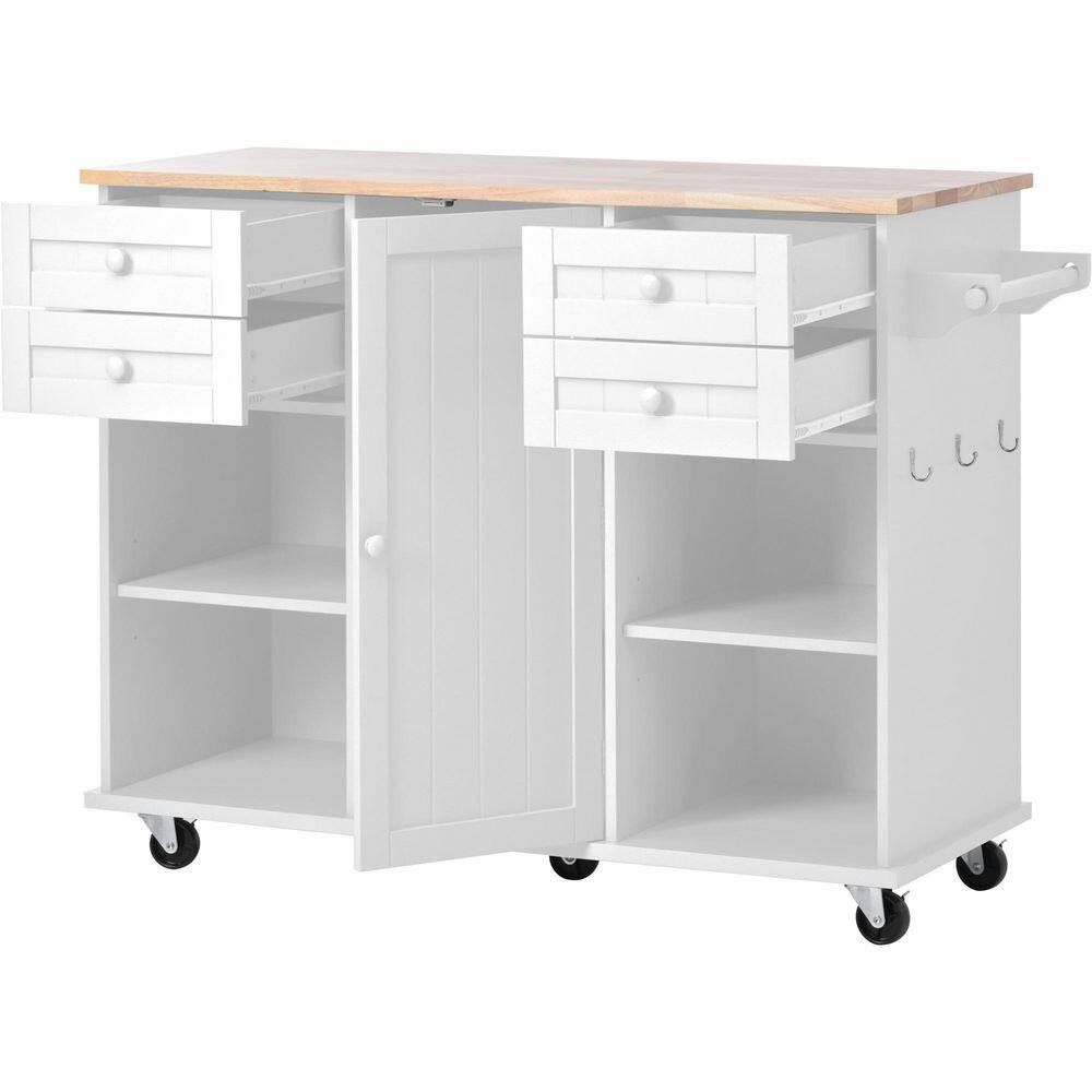 kitchen Island Cart with Spice Rac Towel Rack Drawer Rubber Wood Desktop 5 Wheels Including 4 Lockable Wheels In White KITCHENBLACK09