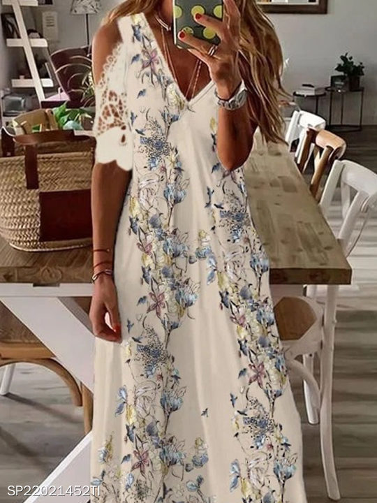 V-neck Floral Print Casual Short Sleeve Maxi Dress