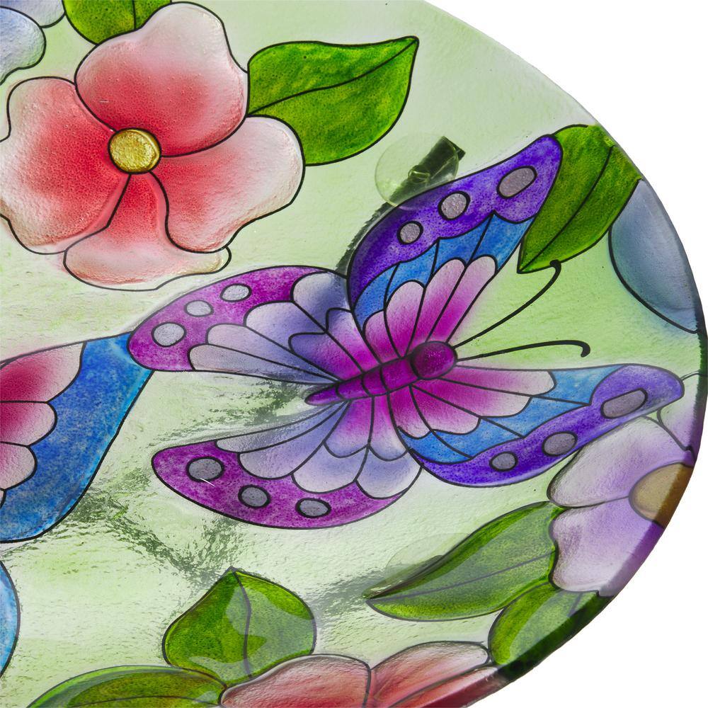 Alpine Corporation 18 in. Round Outdoor Birdbath Bowl Topper with Painted Purple Butterfly and Floral Design KPP612T-18