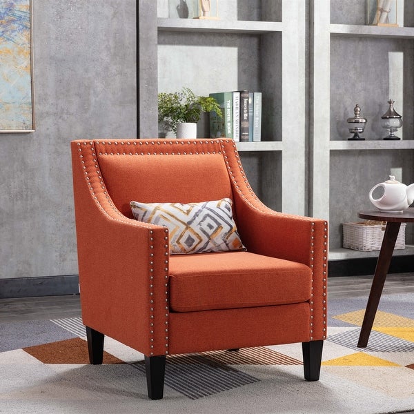 Linen Accent Armchair Living Room With Nailheads And Solid Wood Legs