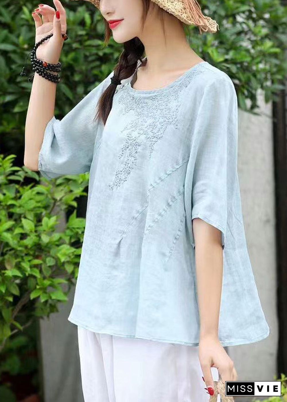 Women Orange O-Neck Embroideried Linen Shirt Top Short Sleeve