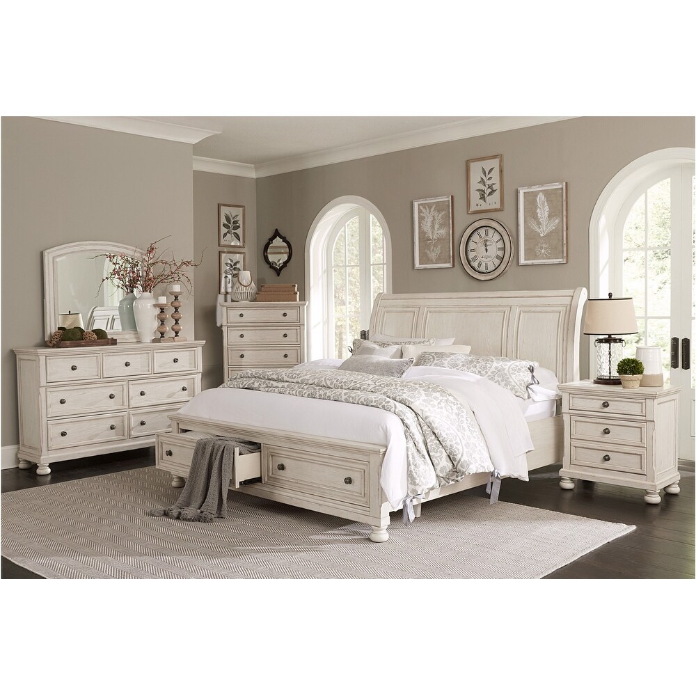 Donald 5 Piece Antique White Modern Sleigh Storage Platform Bedroom Set