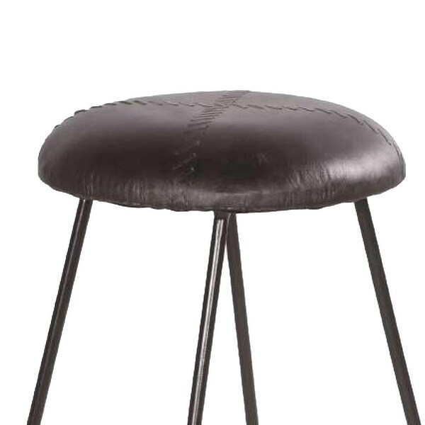 26 Inch Modern Counter Height Stool， Genuine Leather Upholstery， Metal Frame， Baseball Stitching， Black