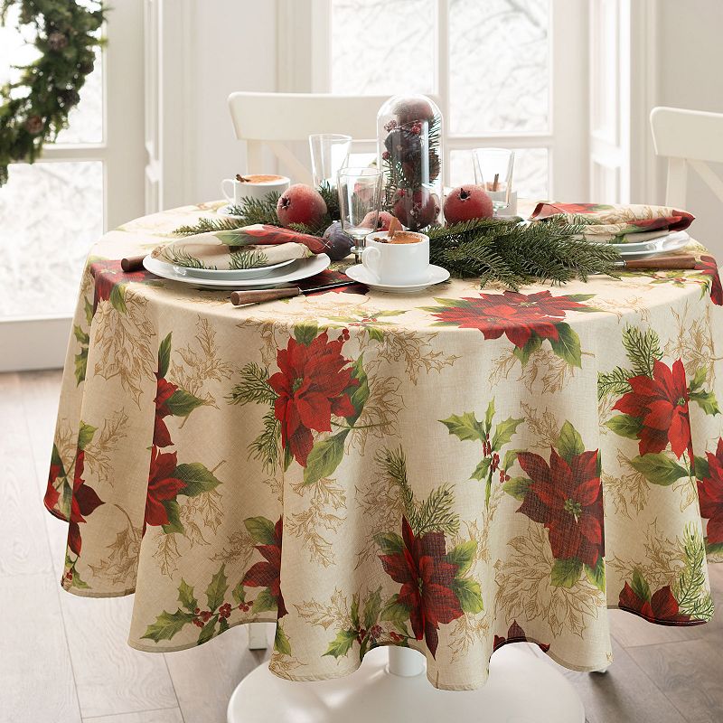 Elrene Home Fashions Festive Poinsettia Holiday Fabric Oval Tablecloth