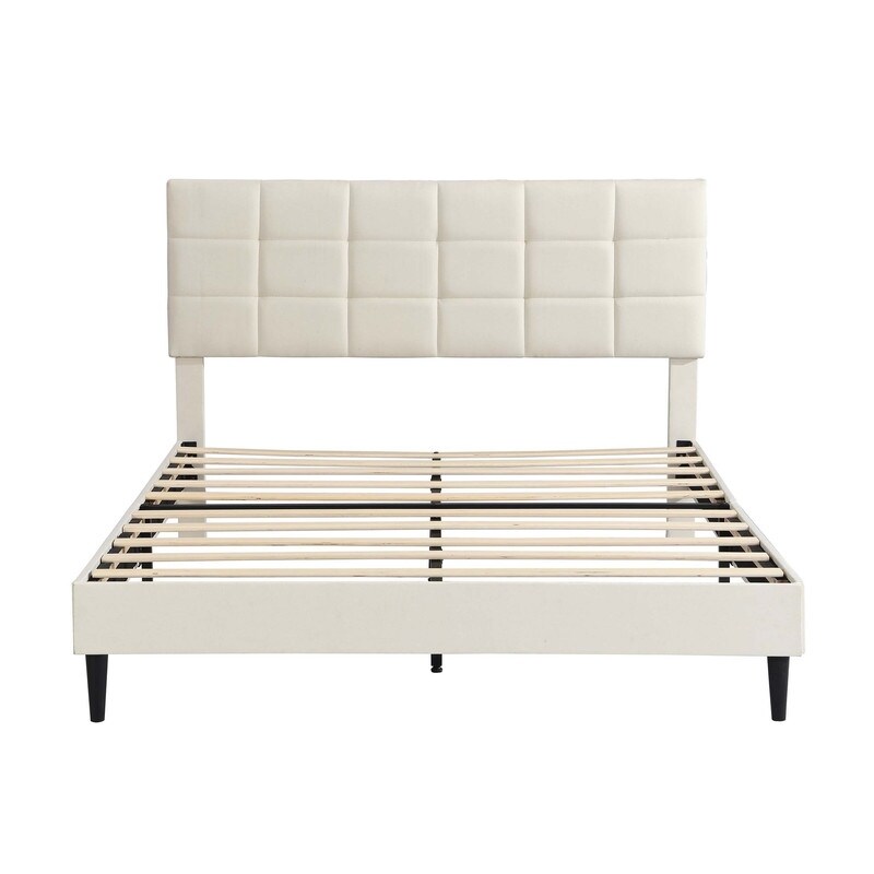 Beige Upholstered Platform Bed with Fabric Upholstered Headboard and Wooden Slats