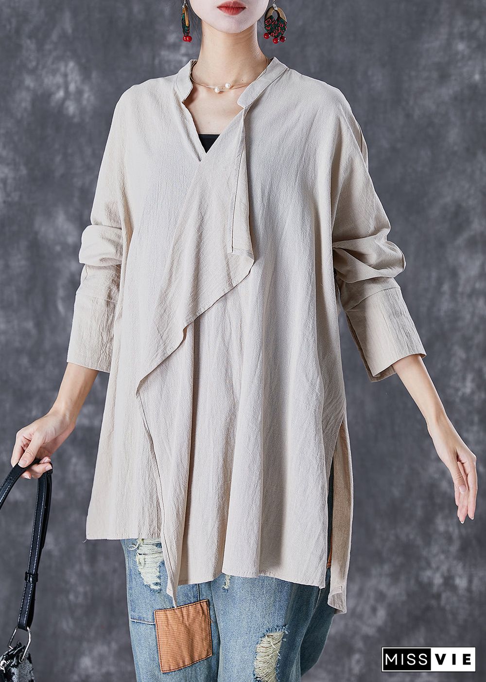 Original Asymmetrical Side Open Linen Shirt Tops Fall