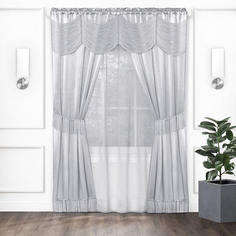 Kate Aurora Satin Chic Complete Attached Window Curtain， Tiebacks and Valance Set