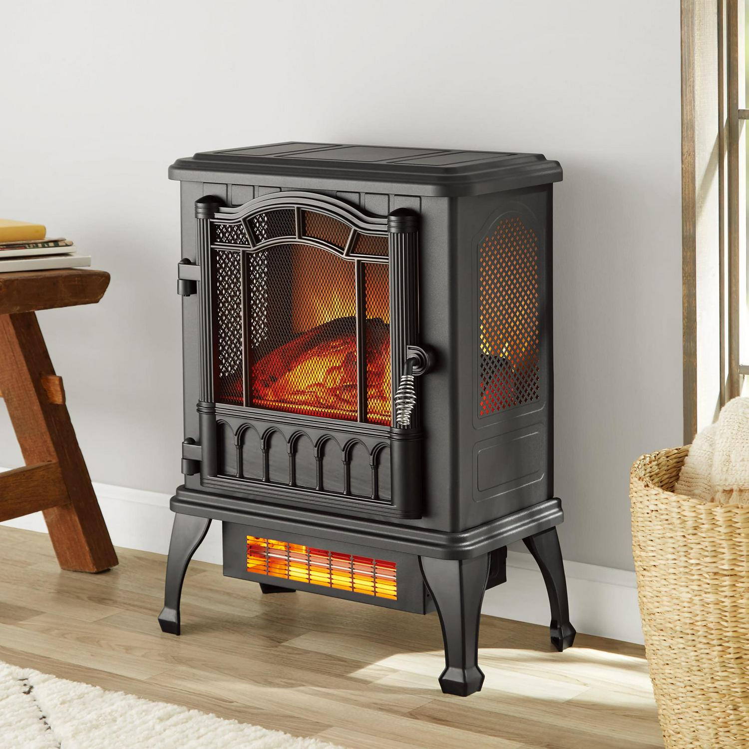 Mainstays Black 1500w 2-Setting 3D Electric Stove Heater with Life-like Flame