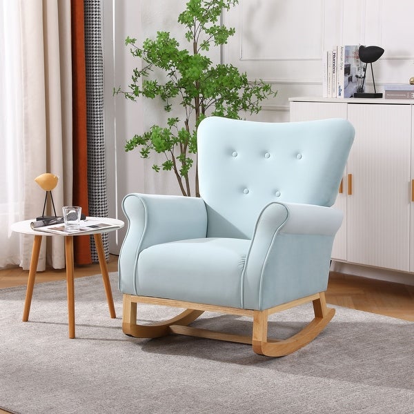 Modern High Back Armchair， Comfortable Rocking Chair Velvet Fabric Padded Seat， Living Room Accent Chairs with Wood Legs