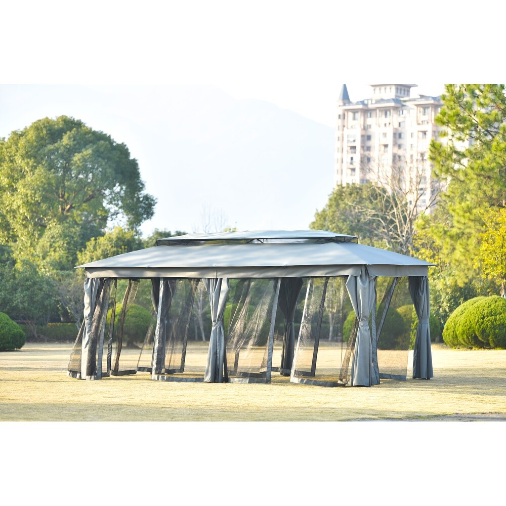 Gray 9 x 18 ft Oxford Cloth Gazebo with Double Top  Mosquito Nets  UV Proof