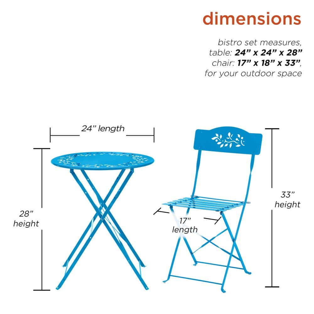 Alpine Corporation Indoor/Outdoor 3-Piece Bistro Set Folding Table and Chairs Patio Seating, Blue MSY100A-BL