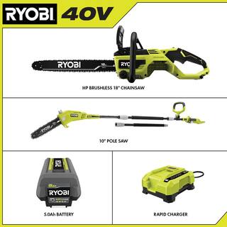 RYOBI 40V HP Brushless 18 in. Cordless Battery Chainsaw and 10 in. Cordless Battery Pole Saw with 5.0 Ah Battery and Charger RY40580-PS