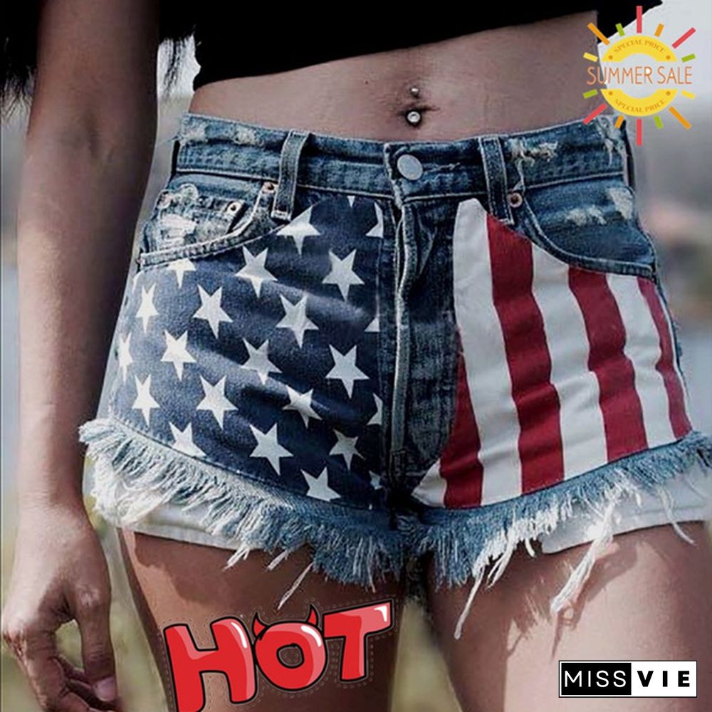 American flag print denim shorts women Fringed sexy ladies hot pants Star print jeans