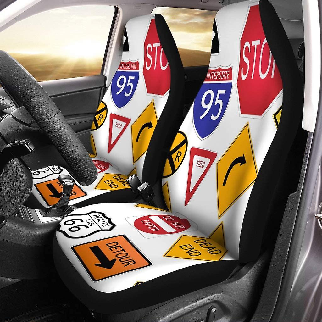 Set Of 2 Car Seat Covers Road Sign Sign Universal Auto Front Seats Protector Fits For Car，suv Sedan，truck