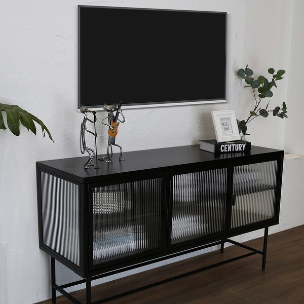 TV Console Table with Enclosed Storage， Wide Countertop Glass Doors， Detachable Shelves