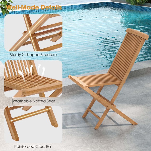 Costway 3pcs Patio Bistro Set Round Table Teak Wood Folding Chair Slatted Tabletop Seat