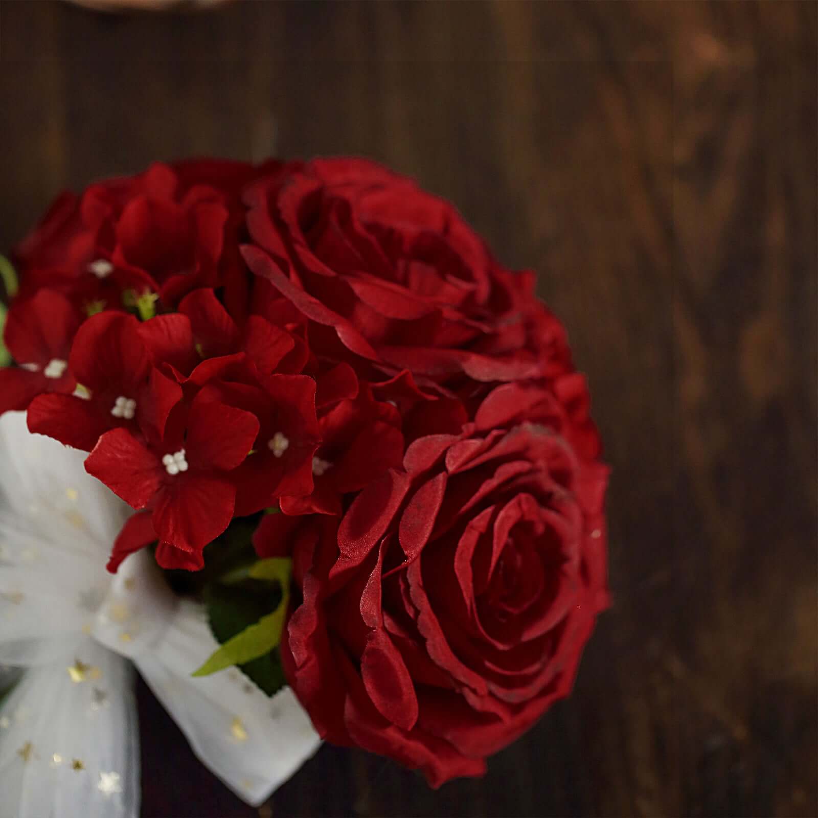 2 Bushes Burgundy Artificial Silk Rose and Hydrangea Flower Bouquets