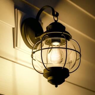 Home Decorators Collection Greer 1-Light Black Exterior Wall Lantern Sconce with Caged Seeded Glass HDP13669