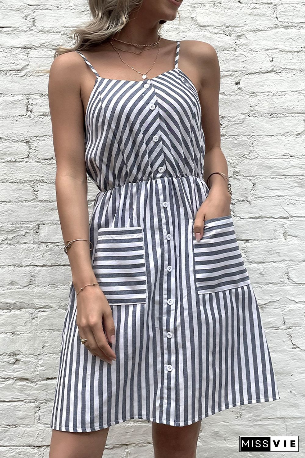 Grey Striped Print Sleeveless Linen Dress with Pockets Wholesale