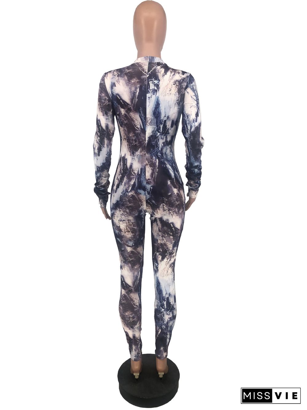 Tie Dye Long Sleeve O Neck Bodycon Jumpsuit