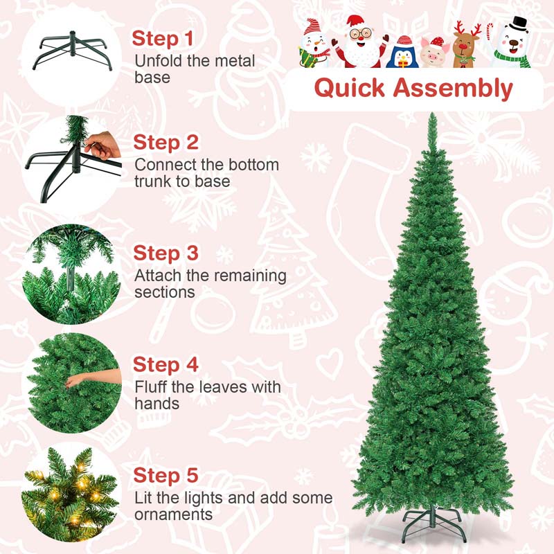 4.5/6.5/7.5FT Pre-Lit Artificial Slim Pencil Christmas Tree with Hinged Branch Tips, LED Lights & Solid Metal Stand