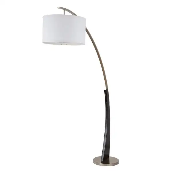 Q-Max Arched Floor Lamp with Drum Shade and Unique Black Wood Pole Base with Metal Base