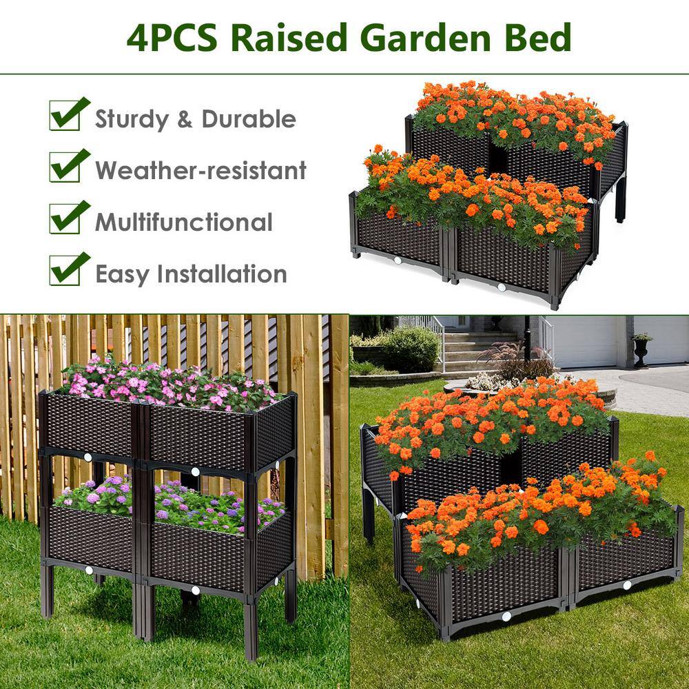 Costway 16 in. L x 16 in. W x 17.5 in. H Black Plastic Raised Bed Elevated Flower Vegetable Herb Grow Planter Box (Set of 4) OP70301