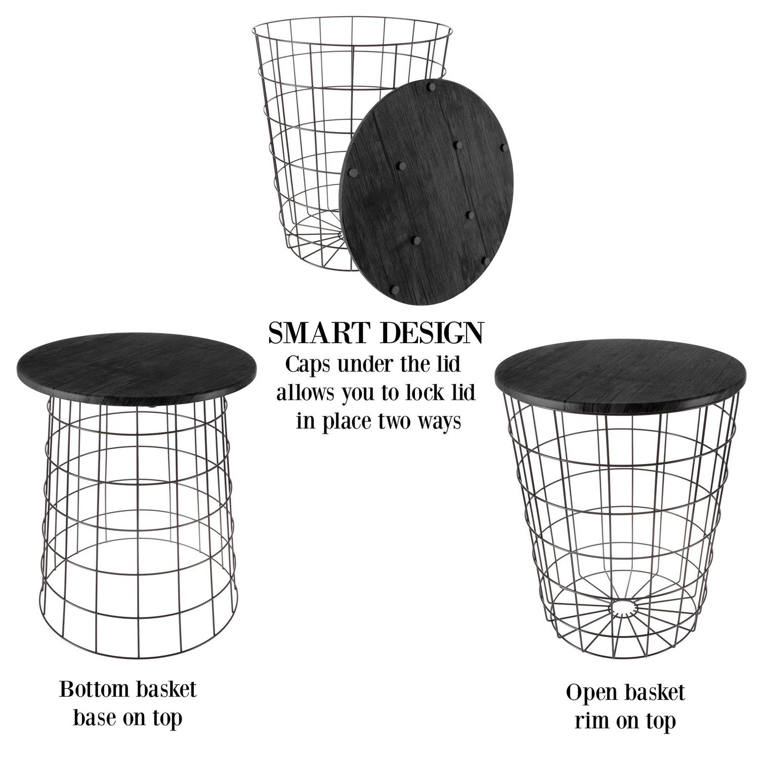 Nesting End Tables with Storage- Set of 2 Round Metal Baskets By Lavish Home (Black)