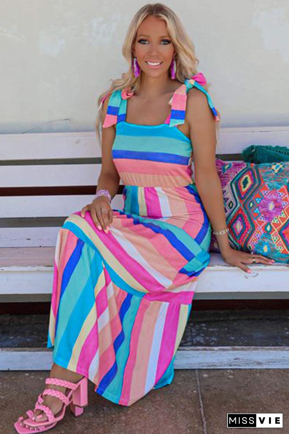 Multicolor Color Block Striped Bow Knot Straps Maxi Dress