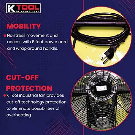 K Tool International 42′′ Belt Drive Drum Fan; Industrial, Garage, Shop, High Speed 2-Speed, Durable, Cut-Off Protection, Easy Mobility Rubber Wheels; SAFETY YELLOW KTI77743