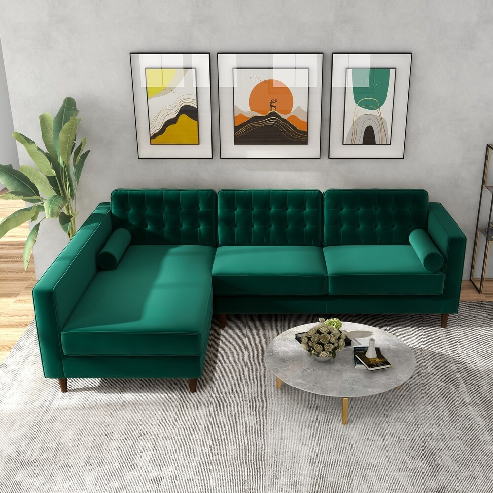 Ora Tufted Modern Living Room Velvet Corner Sectional Sofa in Green