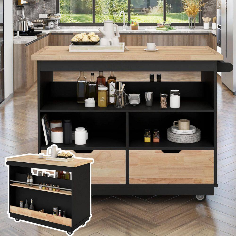 43 in. Black Kitchen Cart Rolling Mobile Kitchen Island Solid Wood Top for Kitchen Dining Room Bathroom LH-357